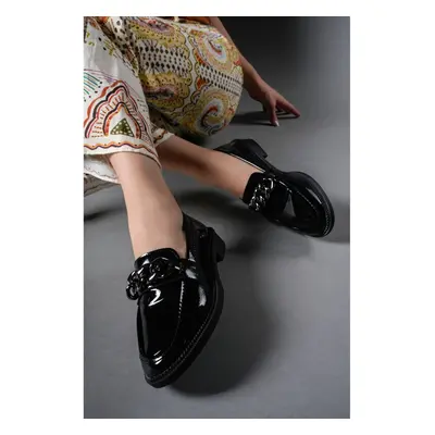 Riccon Irvehas Women's Loafer Black Wrinkled Patent Leather Shoes