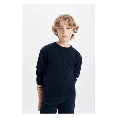 DEFACTO Boy Navy Blue Crew Neck Basic Plain Knitwear School Sweater