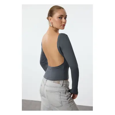 Trendyol Anthracite Deep Backless Fitted Cotton Stretchy Knitted Blouse