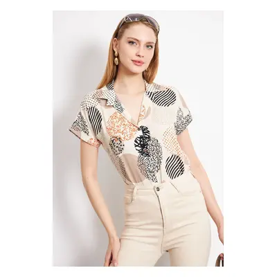 armonika Women's Light Beige Patterned Short Sleeve Shirt