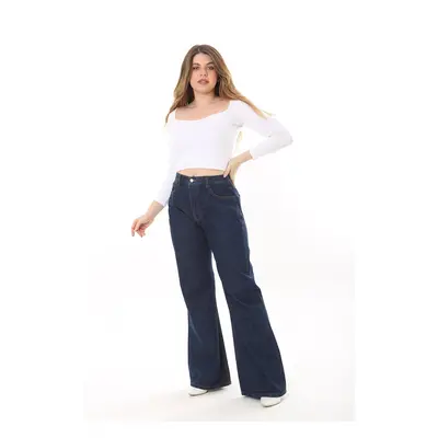 Şans Women's Plus Size Navy Blue Pockets Wide Leg High Waist Denim Trousers