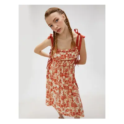 Koton Midi Floral Dress Strap Bow Detailed Gathered Tie Viscose