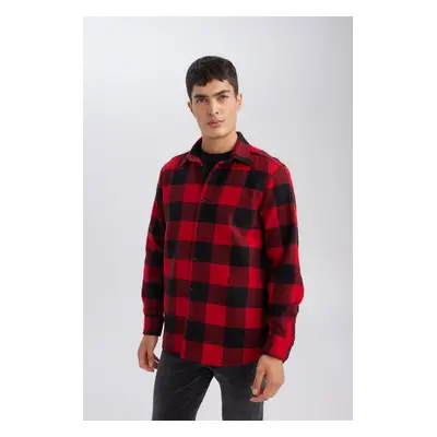 DEFACTO Men's Red Regular Fit Polo Collar Checked Lumberjack Flannel Long Sleeve Shirt