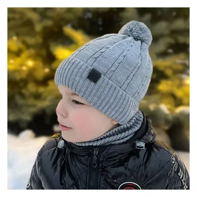 AGBO Boy's winter set: hat and tube scarf grey Deny with pompom