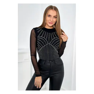 Knitted bodysuit blouse with tulle sleeves black