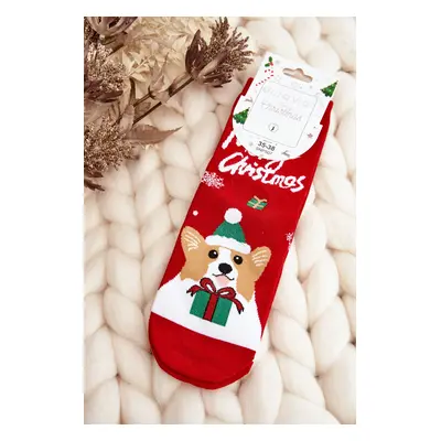 Women's Christmas socks with a dog, red