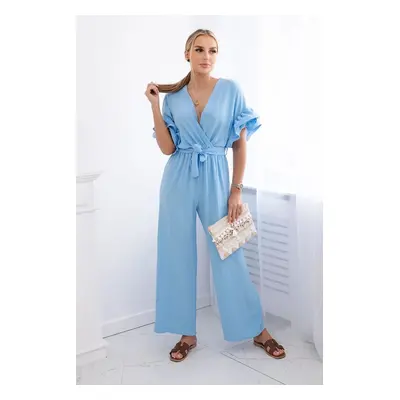 Jumpsuit with a tie at the waist with decorative sleeves in blue