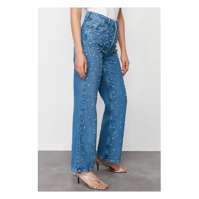 Trendyol Blue Stone Detailed High Waist Wide Leg Jeans