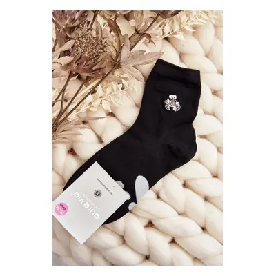 Women's cotton socks with teddy bear appliqué, black