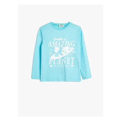 Koton T-Shirt Long Sleeve Planet Printed Crew Neck Cotton