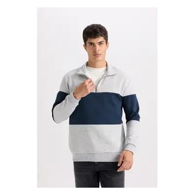 DEFACTO Comfort Regular Fit Casual Fit Stand Collar Zippered Striped Thick Sweatshirt