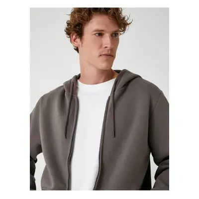 Koton Pocket Detailed Raised Zippered Cotton Basic Hooded Sweatshirt