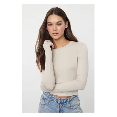 Trendyol Stone Premium Viscose Crew Neck Crop Stretchy Knitted Blouse