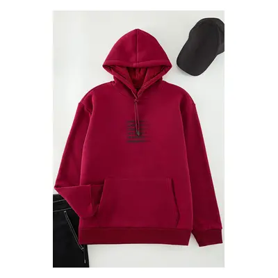 Trendyol Red Oversize/Wide Cut Hooded Labyrinth Print Fleece Cotton Sweatshirt