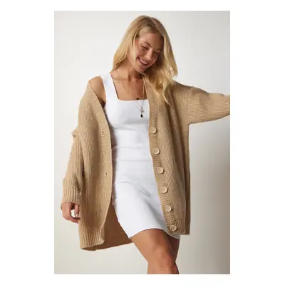 Happiness İstanbul Women's Beige Buttoned Long Knitwear Cardigan