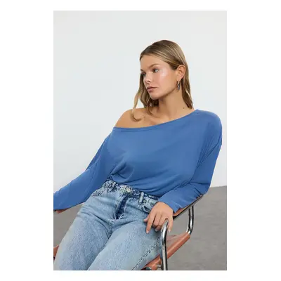 Trendyol More Sustainable Indigo 100% Modal Fabric Boat Neck Relaxed/Comfortable Cut Knitted Blo