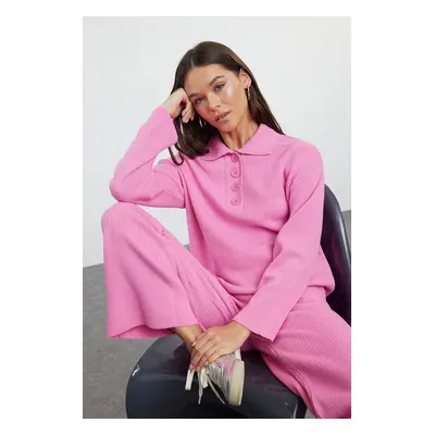 Trendyol Pink Polo Neck Twill Knitwear Bottom-Top Set