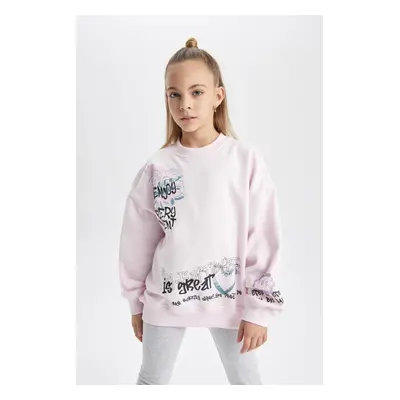 DEFACTO Girl Oversize Wide Pattern Crew Neck Printed Thick Sweatshirt