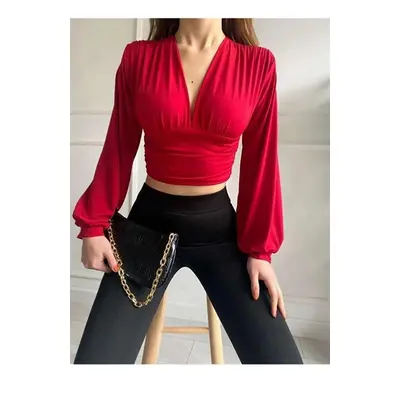 53841 Dewberry Deep Low-cut Waist Banded Crop Blouse-RED