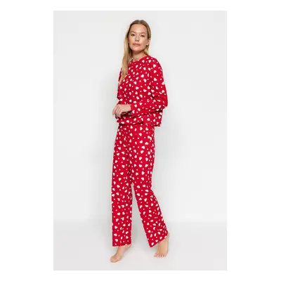 Trendyol Red 100% Cotton Heart Tshirt-Pants Knitted Pajama Set