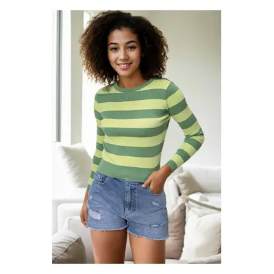 16420 Dewberry Womens Striped Crew Neck Knitwear Sweater-GREEN