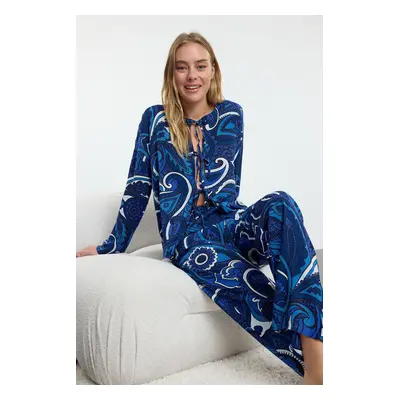 Trendyol Navy Blue Ethnic Patterned Tie/Ribbon/Bow Detailed Woven Pajama Set