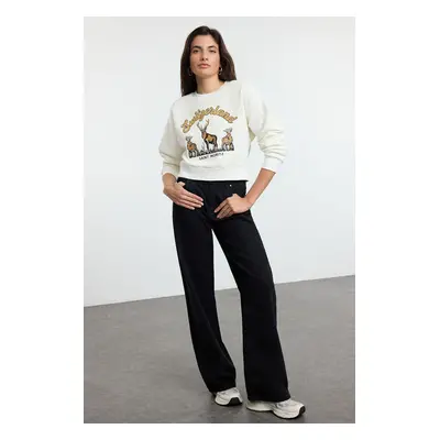 Trendyol Ecru Embroidery Detailed Thick Inside Fleece Crop/Short Knitted Sweatshirt