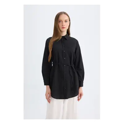 DEFACTO Regular Fit Poplin Basic Plain Long Sleeve Black Shirt Tunic