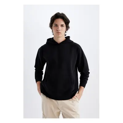 DEFACTO Black Oversize Wide Pattern Hooded Kangaroo Pocket Thick Basic Plain Sweatshirt