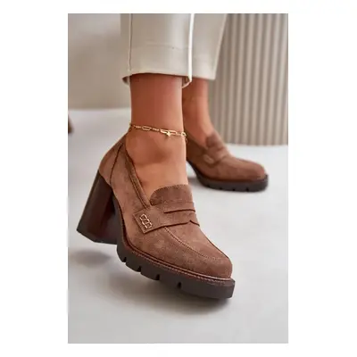 Women's heeled low shoes made of eco suede brown vinceza