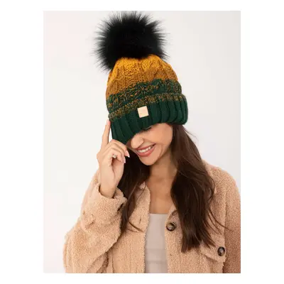 Dark green and dark yellow hat with pompom RUE PARIS