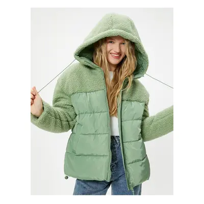 Koton Puffer Jacket with Plush Detail, Hooded and Pocketed