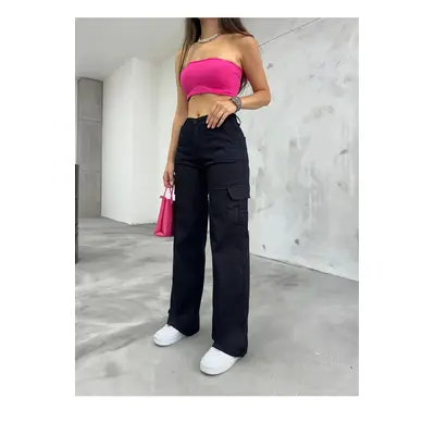 12128 Dewberry High Waist Wide Leg Cargo Pocket Trousers-BLACK