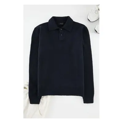 Trendyol Navy Blue Regular Polo Neck Textured Knitwear Sweater