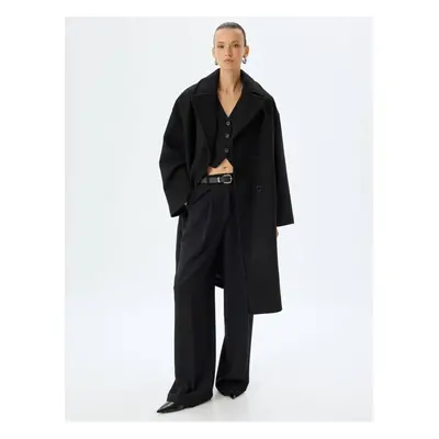 Koton Double Breasted Reverse Collar Buttoned Long Oversize Stamp Coat with Pockets