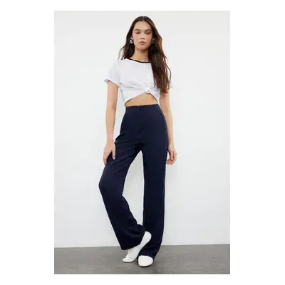 Trendyol Navy Blue Linen Look Wide Leg High Waist Woven Trousers