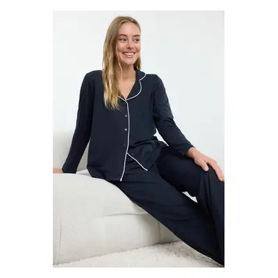 Trendyol Navy Blue Piping Detailed Knitted Pajama Set