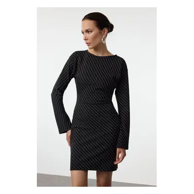 Trendyol Black Striped Bodycone Gather/Drape Mini Knit Dress