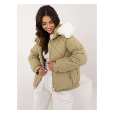 Olive quilted winter jacket with fur