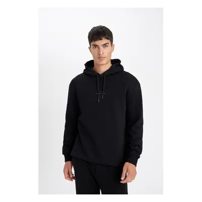 DEFACTO Black Relax Fit Hooded Printed Sweatshirt