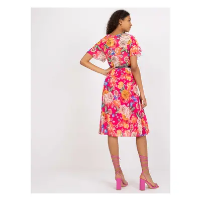 Pink Pleated Floral Dress with Short Sleeves