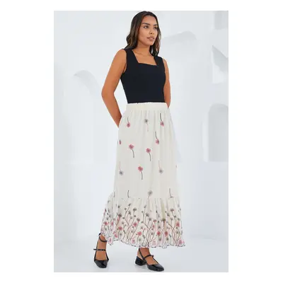 Bigdart Women's Ecru Patterned Chiffon Skirt