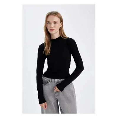 DEFACTO Fitted Half Turtleneck Modal Basic Plain Long Sleeve Black T-Shirt