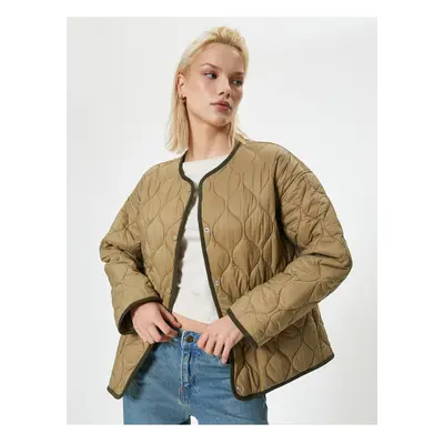 Koton Seasonal Oversize Quilted Coat with Pockets and Round Neck