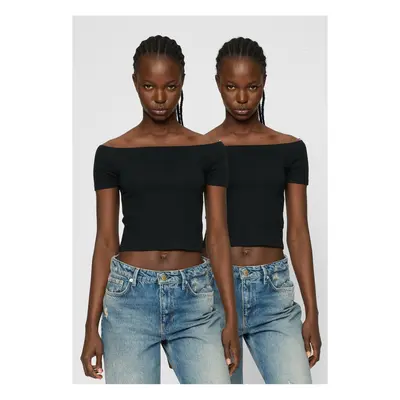 Women's Organic Off Shoulder Rib T-Shirt - Pack Black+Black