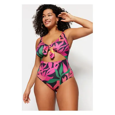 Trendyol Curve Tropical Patterned Tie Detail Swimsuit