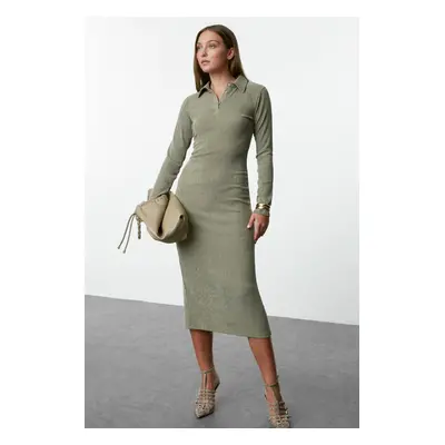 Trendyol Khaki Plain Polo Neck Bodycone/Fitting Textured Button Detailed Knitted Dress