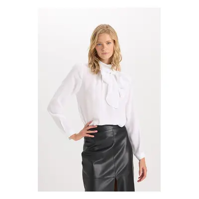 DEFACTO Regular Fit Bow Collar Basic Plain Satin Long Sleeve Blouse