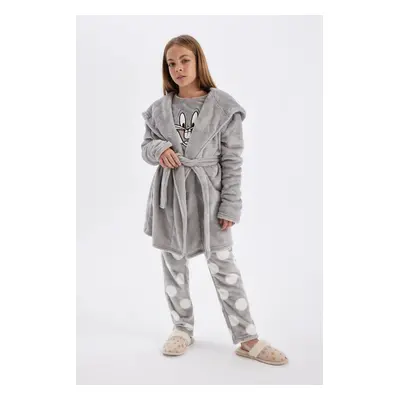 DEFACTO Girl Long Sleeve Hooded Belted Dressing Gown