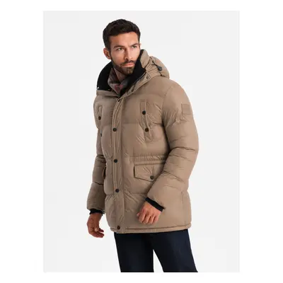 Ombre Men's long puffer jacket with snap pockets - brown